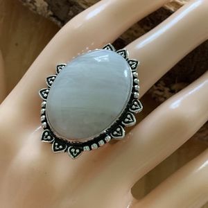 Large White Oval Jade 925 Ring Silver sz 8